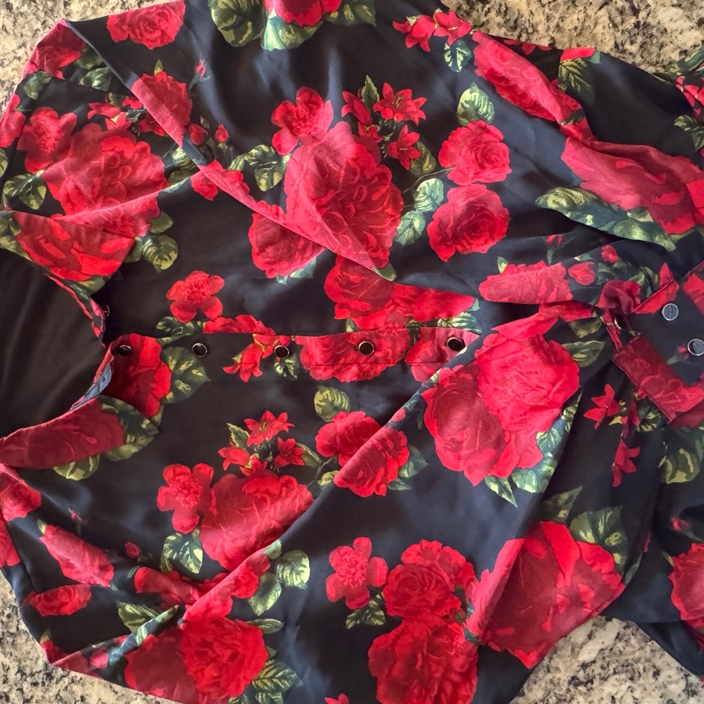 New York & Company Black Blouse with Red & Green Floral Print